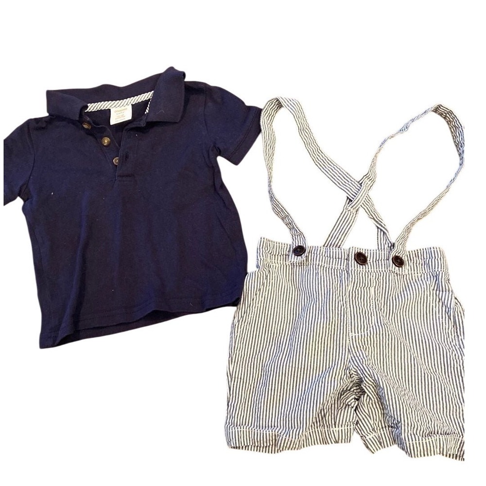 Adorable gymboree seersucker blue suspenders 12-18 mos set polo top heritage